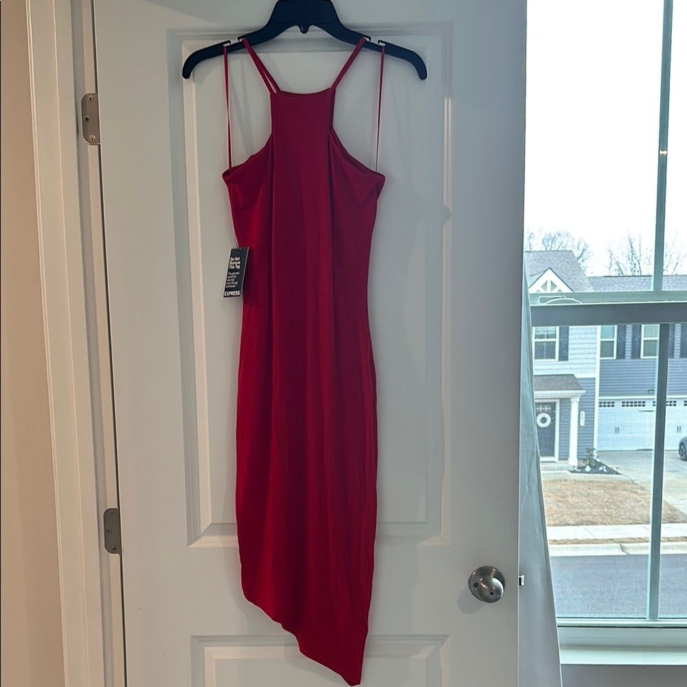Express Red Asymmetrical Halter Sheath Dress for Night Out